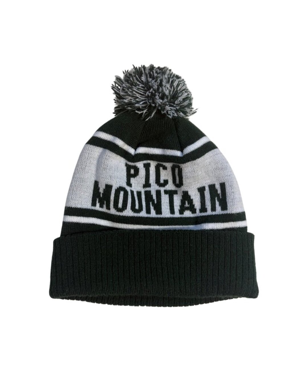 Pico Mountain Ski Resort Hat Knit Beanie Hat With Pom Green & White Vermont